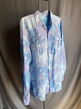Casual Tropical Linen Button-Down Shirt - Light Blue & Lavender